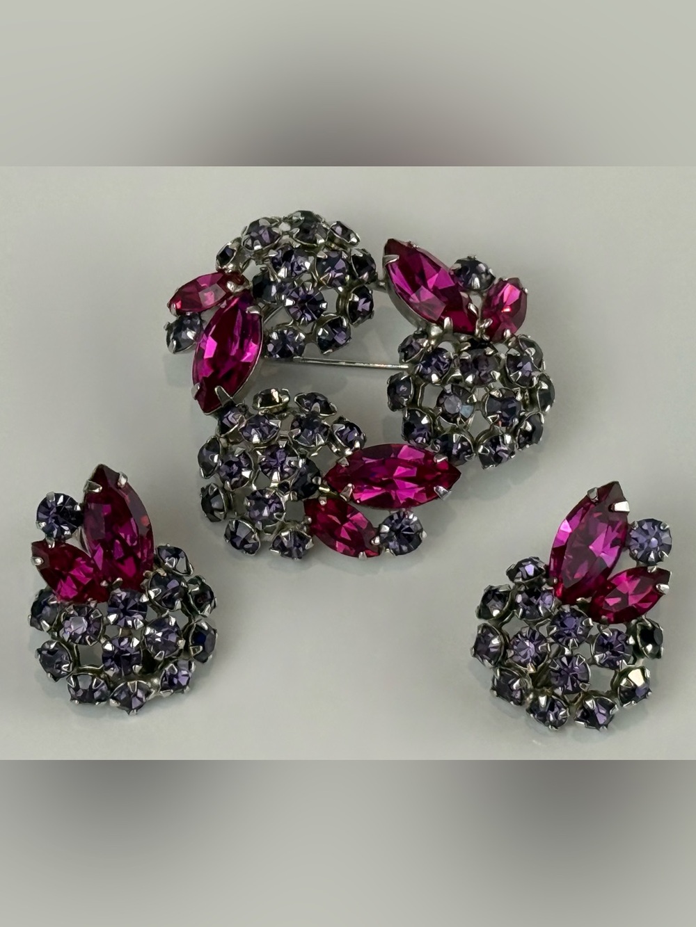 Vintage Sherman Rare Amethyst and Fuchsia Crystal Brooch & Earrings Set